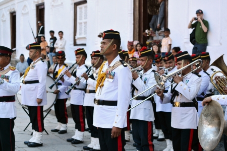 KATHMANDU - OCT 11  Musicians of the Nepalese Military Orchestra waiting for the show, in the inner...