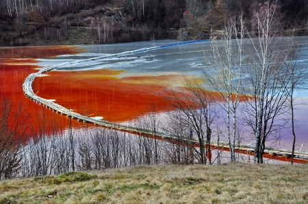 Natural disaster  Pollution of a lake with contaminated water from a gold mine の写真素材