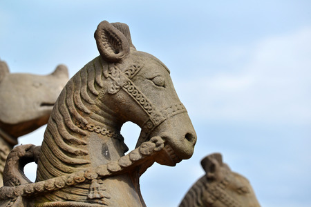 Buddhist stone statues in Bhaktapur at the entrance of a temple, Nepalの写真素材