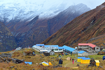 ANNAPURNA - OCT 3  Annapurna climbing expeditions forced to stay in the ABC, without any possibilities to reach the summit, due to bad weather  On Oct 8, 2013 in Annapurna Base Camp, Himalayas, Nepal のeditorial素材