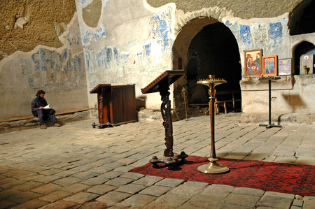 DAVID GAREJA, GEORGIA - JULY 2  Orthodox eremite meditating in the desolated monastery of David Gareja, in the Kakheti region  On Jul 2, 2006, in David Gareja, Georgiaのeditorial素材