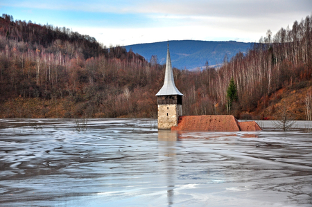Flooded church by contaminated water and mud  Geamana, Romaniaの写真素材