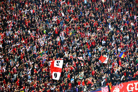BUCHAREST - APRIL 17: Choreography of soccer fans of Dinamo Bucharest during a match against Steaua Bucharest, in the National Arena stadium, final score: 1-1. On April 17, 2014 in Bucharest, Romaniaのeditorial素材