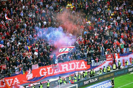 BUCHAREST - APRIL 17: Choreography of soccer fans of Dinamo Bucharest during a match against Steaua Bucharest, in the National Arena stadium, final score: 1-1. On April 17, 2014 in Bucharest, Romaniaのeditorial素材