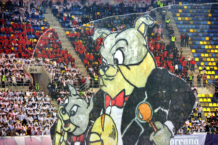 BUCHAREST - APRIL 17: Choreography of soccer fans of Dinamo Bucharest during a match against Steaua Bucharest, in the National Arena stadium, final score: 1-1. On April 17, 2014 in Bucharest, Romaniaのeditorial素材