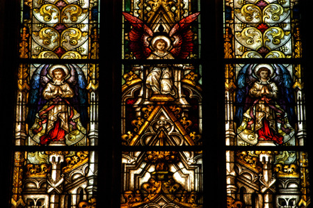 CLUJ NAPOCA ROMANIA  DECEMBER 27: Biblical scene on a stained glass window inside the Gothic Roman Catholic Church of Saint Michael built in 1390. On december 27 2003 in Cluj Romaniaのeditorial素材