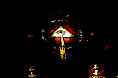 CLUJ NAPOCA ROMANIA  DECEMBER 27: Biblical scene on a stained glass window inside the Gothic Roman Catholic Church of Saint Michael built in 1390. On december 27 2003 in Cluj Romaniaのeditorial素材