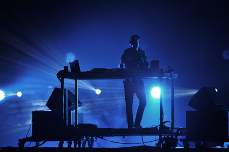 BONTIDA - JUNE 26, 2015: Fatboy Slim aka Norman Cook performs live at the main stage of the Electric Castle Festival at June 26, 2015 in the Banffy castle in Bontida, Romaniaのeditorial素材