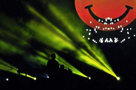 BONTIDA - JUNE 26, 2015: Fatboy Slim aka Norman Cook performs live at the main stage of the Electric Castle Festival at June 26, 2015 in the Banffy castle in Bontida, Romaniaのeditorial素材