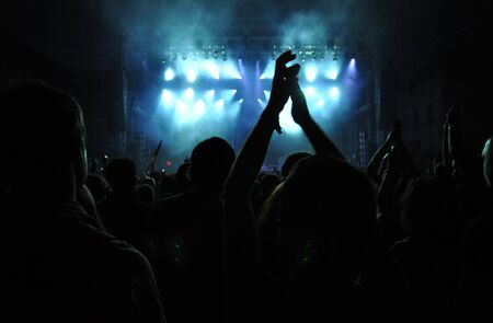 BONTIDA - JUNE 26, 2015: Crowd of partying people during a Fatboy Slim live concert at Electric Castle Festival on June 26, 2015 in the Banffy castle in Bontida, Romaniaのeditorial素材