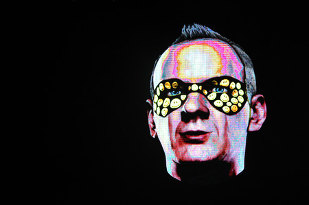 BONTIDA - JUNE 26, 2015: Fatboy Slim aka Norman Cook performs live at the main stage of the Electric Castle Festival at June 26, 2015 in the Banffy castle in Bontida, Romaniaのeditorial素材