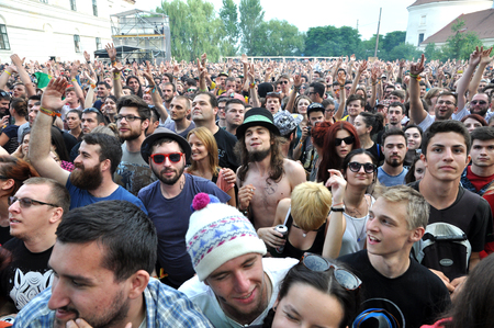 BONTIDA - JUNE 26, 2015: Partying crowd during the live concert of The Subways band from Great Britain at the Electric Castle Festival at June 26, 2015 in the Banffy castle in Bontida, Romaniaのeditorial素材