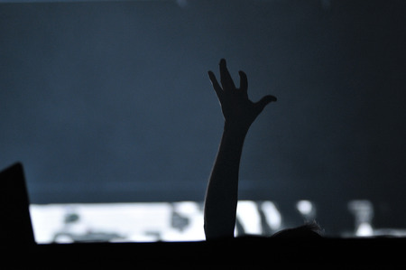BONTIDA - JUNE 26, 2015: Fatboy Slim aka Norman Cook performs live at the main stage of the Electric Castle Festival at June 26, 2015 in the Banffy castle in Bontida, Romaniaのeditorial素材