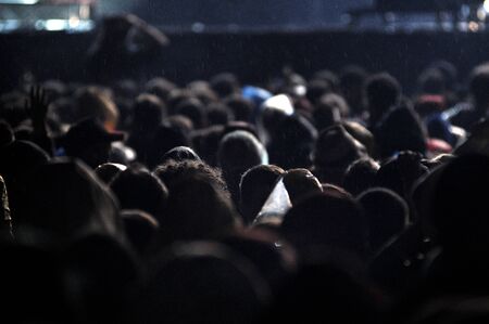 BONTIDA - JUNE 26, 2015: Crowd of partying people during a Fatboy Slim live concert at Electric Castle Festival on June 26, 2015 in the Banffy castle in Bontida, Romaniaのeditorial素材