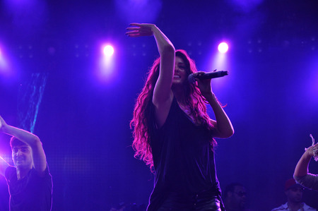 CLUJ NAPOCA, ROMANIA  AUGUST 2, 2015: Sexy girl dancing on the stage during a Fatman Scoop live concert at the Untold Festivalのeditorial素材