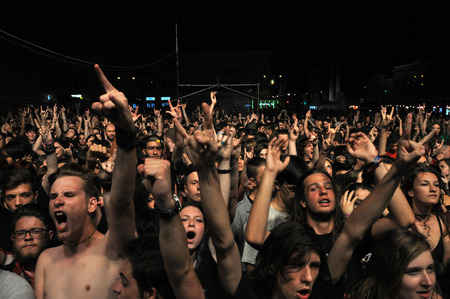 CLUJ NAPOCA, ROMANIA  AUGUST 2, 2015: Headbanging crowd during a rock concert at the Untold Festivalのeditorial素材