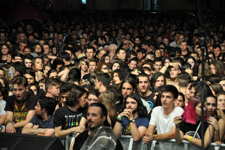 CLUJ NAPOCA, ROMANIA  AUGUST 2, 2015: Headbanging crowd during a rock concert at the Untold Festivalのeditorial素材