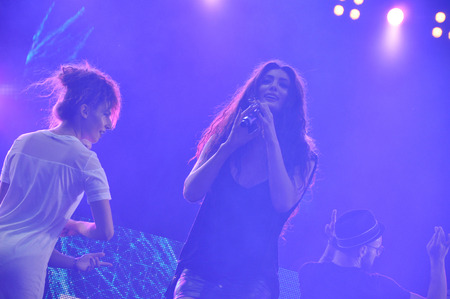 CLUJ NAPOCA, ROMANIA  AUGUST 2, 2015: Sexy girl dancing on the stage during a Fatman Scoop live concert at the Untold Festivalのeditorial素材