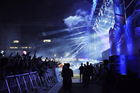 CLUJ NAPOCA, ROMANIA  JULY 30, 2015: Dimitri Vegas and Like Mike performs a live concert at the Untold Festival in the European Youth Capital city of Cluj Napocaのeditorial素材