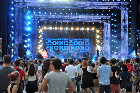 CLUJ NAPOCA, ROMANIA  AUGUST 2, 2015: Crowd of cheerful people having fun during an Irish Maffia concert at Untold Festivalのeditorial素材