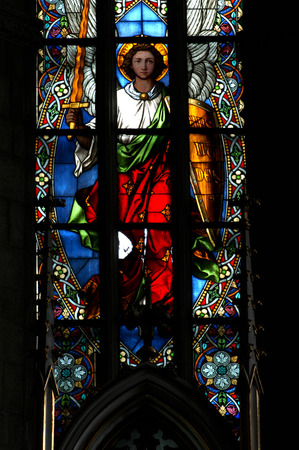 CLUJ NAPOCA - DECEMBER 27: Biblical scene on a stained glass window inside the Gothic Roman Catholic Church of Saint Michael, built in 1390. On December 27, 2003 in Cluj, Romaniaのeditorial素材