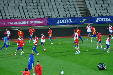 CLUJ-NAPOCA, ROMANIA - MARCH 26, 2016: The National Football Team of Spain playing during the training and warm-up session before the Romania-Spain matchのeditorial素材
