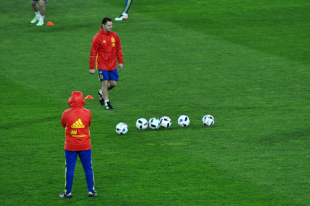 CLUJ-NAPOCA, ROMANIA - MARCH 26, 2016: The National Football Team of Spain playing during the training and warm-up session before the Romania-Spain matchのeditorial素材