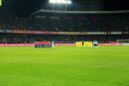 CLUJ-NAPOCA, ROMANIA - MARCH 27, 2016: The National Football Team of Spain and Romania, hold a moment of silence and pay their respects in the memory of legendary player Johan Cruyff before friendly matchのeditorial素材