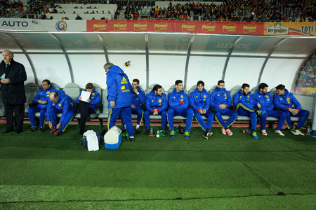 CLUJ-NAPOCA, ROMANIA - MARCH 27, 2016: Soccer players of the National Team of Spain waiting the beginning of the match against Romania in Cluj Arena stadiumのeditorial素材
