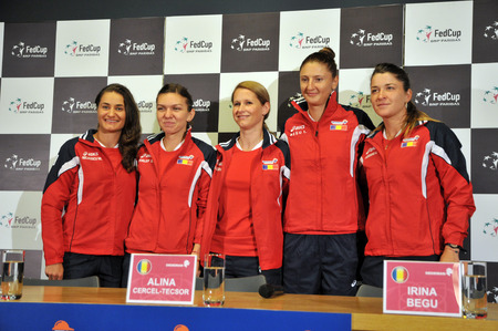 CLUJ-NAPOCA, ROMANIA - APRIL 13, 2016: The Tennis Women Team of Romania posing during the press...