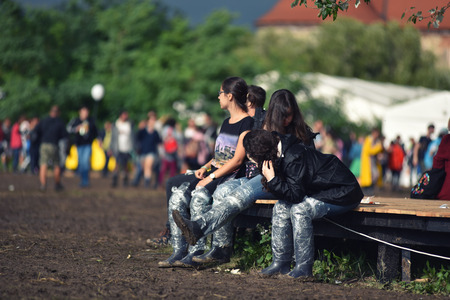 BONTIDA, ROMANIA - JULY 16, 2016: People living heavy rainy days at Electric Castle Festival. After 3 days of raining the area of the festival became extremly muddy and wetのeditorial素材