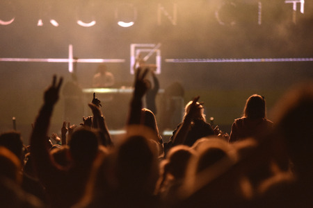 BONTIDA, ROMANIA - JULY 18, 2016: Gorgon city performing a live concert in the front of a cheering crowd at Electric Castle festivalのeditorial素材
