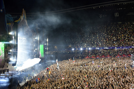 CLUJ NAPOCA, ROMANIA - AUGUST 7, 2016: CO2 smoke cannons emitting smoke on the stage onto crowd at a Armin van Buuren concert during Untold Festivalのeditorial素材