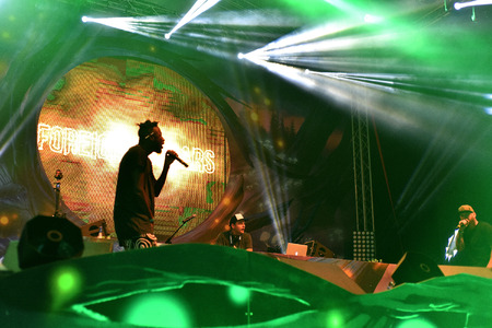 CLUJ NAPOCA, ROMANIA - AUGUST 7, 2016: English hip hop and dubstep band Foreign Beggars perform live on Alchemy stage at Untold Festivalのeditorial素材