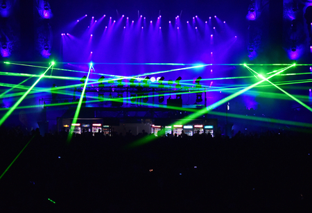 CLUJ NAPOCA, ROMANIA - AUGUST 6, 2016: Dj Galantis mixing live on the stage in the front of a partying crowd of people at Untold festivalのeditorial素材