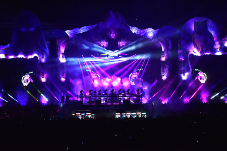 CLUJ NAPOCA, ROMANIA - AUGUST 6, 2016: Dj Galantis mixing live on the stage in the front of a...