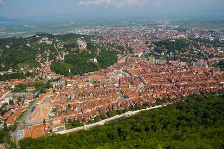 Aerial view of the old European city of Brasov, Romaniaの写真素材