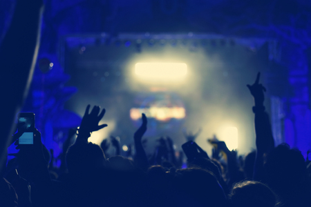 Rear view of crowd with arms outstretched at concert
