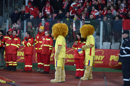 CLUJ NAPOCA, ROMANIA - MARCH 26, 2017: The official mascot of the National Football Team of Romania making jokes at a Fifa World Cup Qualifiers match Romania vs Denmarkのeditorial素材