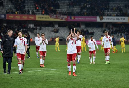 CLUJ NAPOCA, ROMANIA - MARCH 26, 2017: The National Football Team of Romania playing a match against Denmark in FIFA World Cup Qualifiers. Final score 0:0のeditorial素材