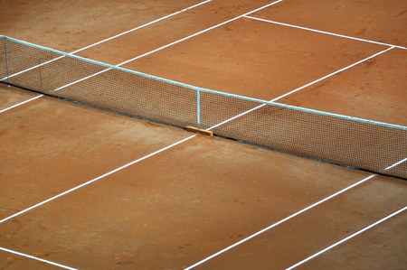 Tennis net and court prepared for a matchの写真素材