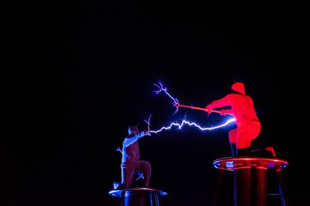BONTIDA, ROMANIA - JULY  14, 2017: Lords of Lightning performing a high voltage electricity battle show at Electric Castle festivalのeditorial素材