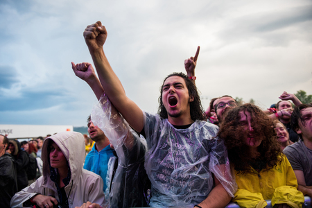 BONTIDA, ROMANIA - JULY  15, 2017: Crowd of hardcore fans headbanging during an Architects concert at Electric Castle festivalのeditorial素材