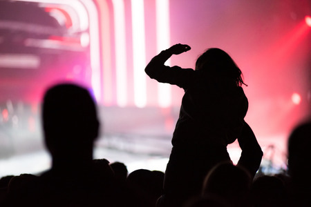Rear view of silhouette of crowd with arms outstretched at concert. Summer music festival conceptの写真素材