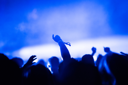 Rear view of silhouette of crowd with arms outstretched at concert. Summer music festival conceptの写真素材