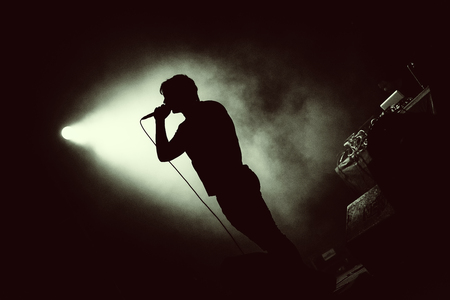 Artist in stage lights singing to the crowd