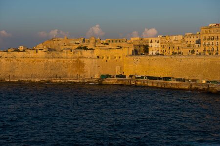 Ancient walls and buildings of Valetta fortress in the evening. Maltaのeditorial素材