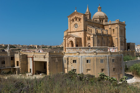 GHARB, GOZO, MALTA - AUGUST 22, 2017: The neo romanesque church of Ta Pinu is a Roman Catholic minor basilica and national shrine and is dedicated to the Blessed Virgin of Ta' Pinu. It was built in 1932のeditorial素材
