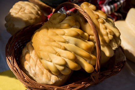 Handmade cheese in farmer's market. Transylvania, Romaniaの写真素材
