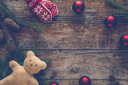 Christmas background with teddy bear. Space for textの写真素材